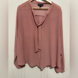 2X Pink and Black Polka Dot Tie Neck Long Sleeve Blouse